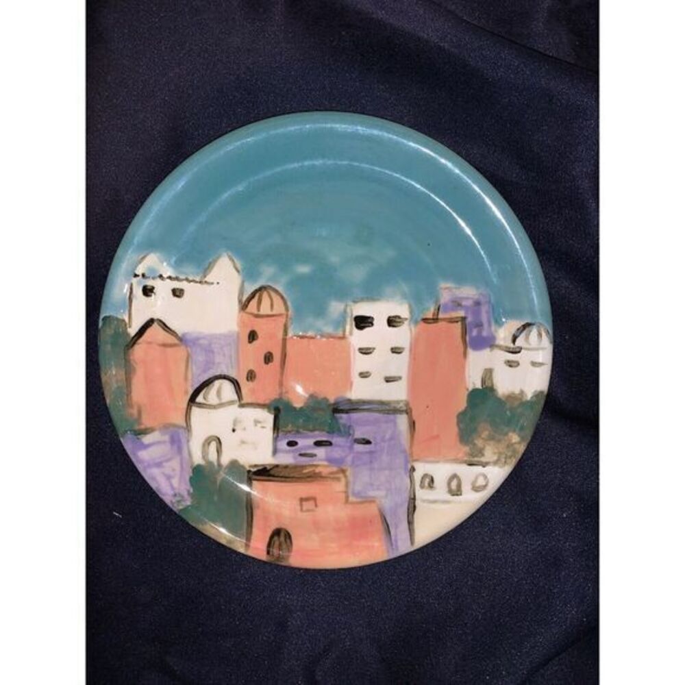 Ceramic Plate "Houses". Hand Painted, Stamped‎ W Flower Symbol  9.5"